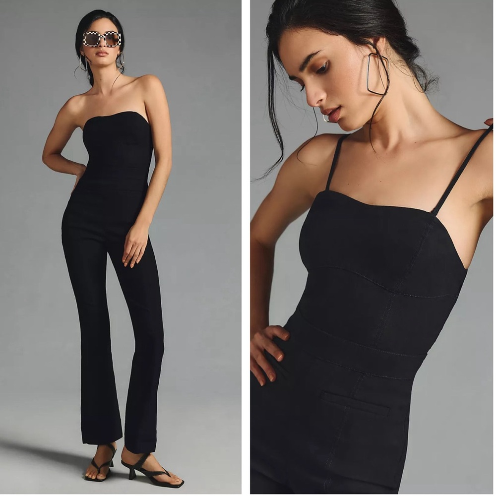 ANTHROPOLOGIE Maeve Strapless Slim Flare Jumpsuit NEW Size 10 Black Magic Fabric